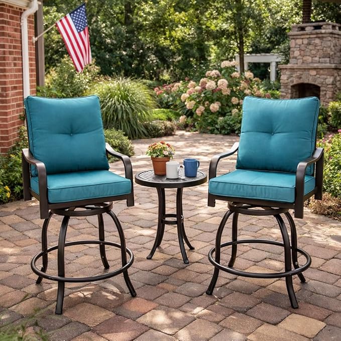 Kozyard Isabella Outdoor Swivel Bar Chairs, Counter Height Patio Bar Stools Set of 2 with Cushioned Seats, All-Weather Metal Bistro Chairs for Backyard Dining (Aqua, with Cushion)