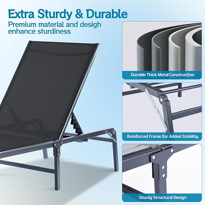 Outdoor Chaise Lounge Chair Set of 2, Foldable & Assemble-Free, 6 Adjustable Positions, Durable Rust-Resistant Frame, Portable Outdoor Pool Lounge Chairs for Pool Patio Beach, Black