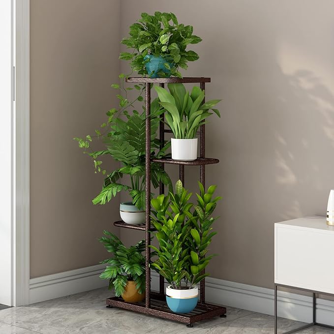 LINZINAR Plant Stand Metal 4 Tier 5 Potted Multiple Flower Pot Holder Shelf Indoor Outdoor Planter Display Shelving Unit for Patio Garden Corner Balcony Living Room (4 Tier 5 Potted, Bronze)