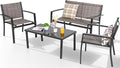 Shintenchi 4 Pieces Patio Furniture Set All Weather Textile Fabric Outdoor Conversation Set, with Glass Coffee Table, Loveseat, 2 Single Chairs for Home, Garden, Lawn, Porch（Light Brown）