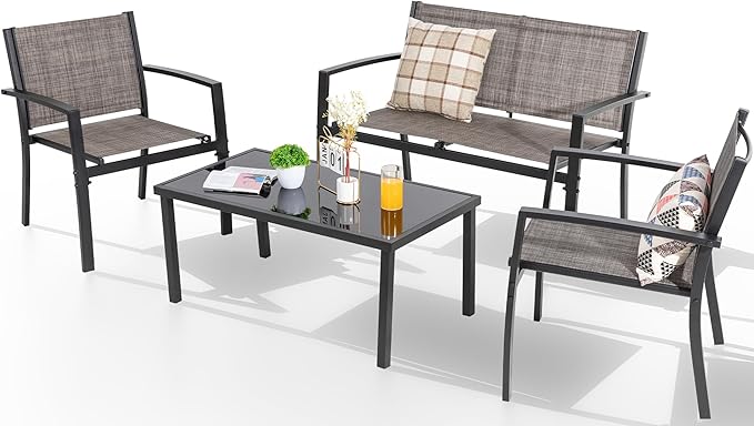 Shintenchi 4 Pieces Patio Furniture Set All Weather Textile Fabric Outdoor Conversation Set, with Glass Coffee Table, Loveseat, 2 Single Chairs for Home, Garden, Lawn, Porch（Light Brown）