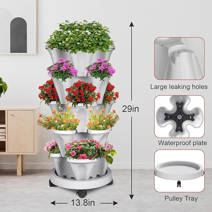 Vertical Strawberry Planter-5 Tier Stackable Herb Tower Planters Stacking Garden Planters Pot Outdoor with Tools Removable Wheels for Growing Flowers, Vegetables and Succulents