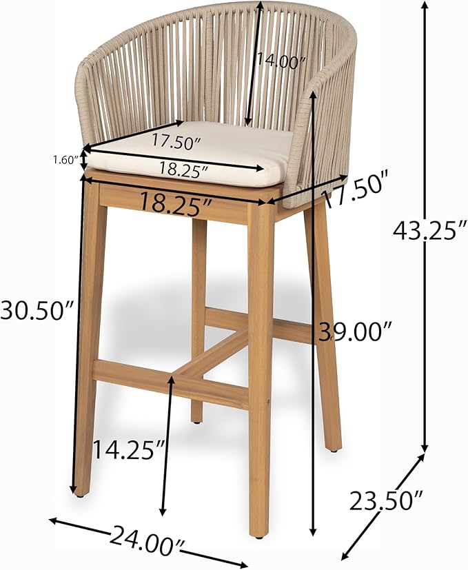 Christopher Knight Home Zax Set of 2 Patio Barstool, Acacia Wood & Rope Outdoor Counter Stool with Backrest/Footrest, Barstool Chairs with Cushion Seating for Backyard Balcony Garden, Beige + Teak