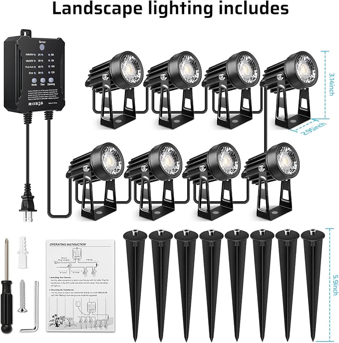All-in-One Low Voltage Landscape Lighting Kit, 8 Pack Landscape Lights with Smart Transformer, Dimmable Waterproof Outdoor LED SpotLights, 24V LED Landscape Lights for Yard, Garden(Warm White)