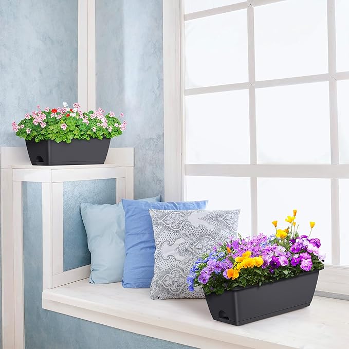 ETELI Deck Railing Planter Boxes 6 Pack Window Box with Brackets Adjustable Balcony Fence Planters Hanging Flower Boxes for Porch Patio Garden Outdoor, Grey & Black