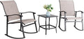 Vongrasig 3 Piece Outdoor Rocking Bistro Set, Textilene Fabric Small Patio Furniture Set, Front Porch Rocker Chairs Conversation Set with Glass Table for Lawn, Garden, Balcony, Poolside (Taupe)