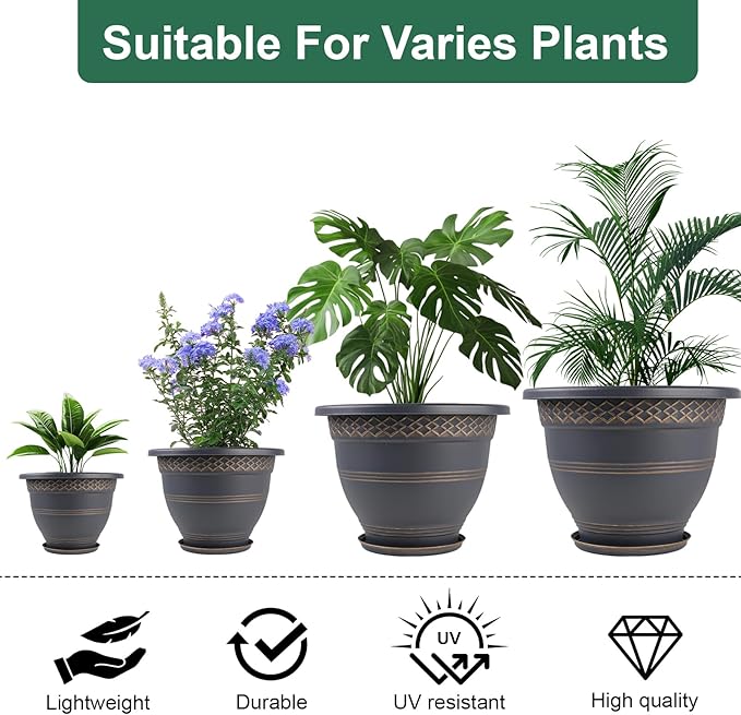 4 Pack 12 Inch Large Plant Pots, Plastic Flower Pot for Indoor & Outdoor with Drainage Holes & Saucer, Plaid Pattern Planters Garden Pots for Herbs Bronze