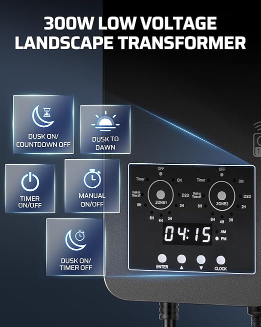 DEWENWILS 300W Low Voltage Landscape Transformer with 2 Zones, 120V AC to 15V DC, Low Voltage Transformer with Remote, Photocell Sensor & Timer, Outdoor Landscape Lighting for Spot Light Steplight