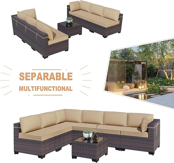 Kullavik 7 Pieces Outdoor Patio Furniture Set PE Wicker Rattan Sectional Sofa Patio Conversation Sets,Sand