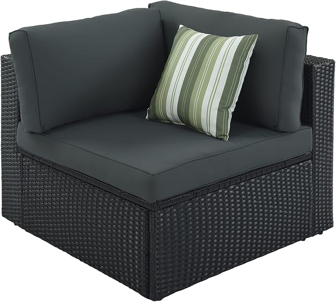 Merax 7-Piece Outdoor Wicker Sectional Sofa Set,Modular Rattan Conversation Set with Gray Cushions,Striped Green Pillows & Tempered Glass Coffee Table for Patio,Garden,Deck,Black
