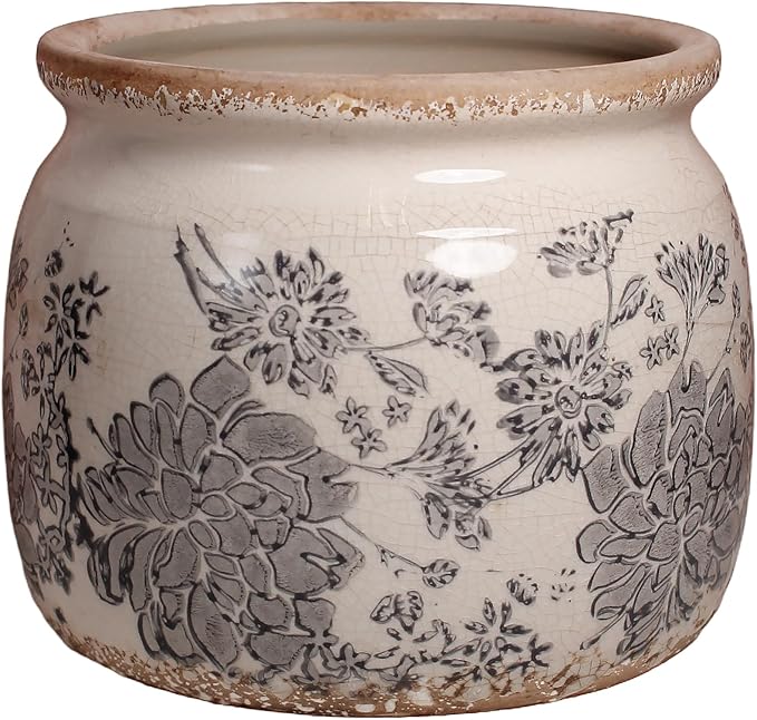 Modern Farmhouse Ceramic Planter for Home Decor, 6.29 Inch Vintage Plant Pot Indoor with Drainage Hole for Succulent Rosemary Plant, Distressed Pottery Vase for Office Balcony Decoration & Gift (Gray)