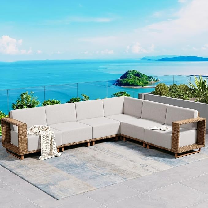 L Shaped Patio Furniture,Outdoor Rattan Wicker Sectional Sofa with 10''Ultra-Thick Cushions,All Weather Patio Conversation Set for Lawn Garden Backyard,Beige