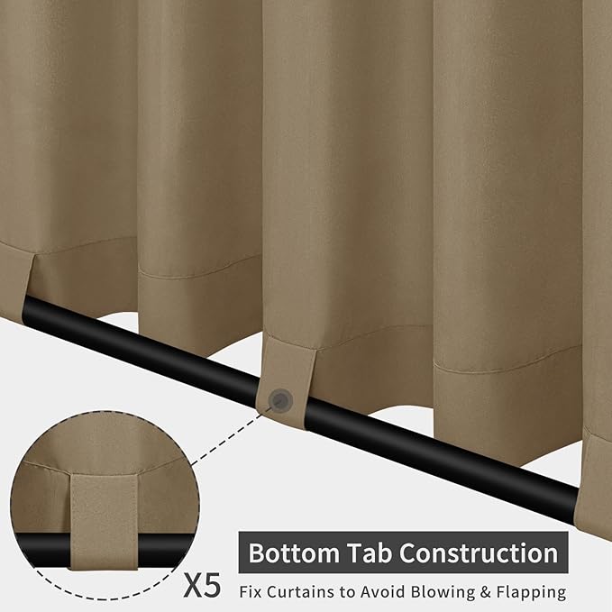 Easy-Going Outdoor Patio Curtains Detachable Tab Top Windproof Weatherproof Curtain for Cabana, Porch, Pergola and Gazebo, Tab Bottom Drape, 2 Panels, 110W x 120L inch, Khaki