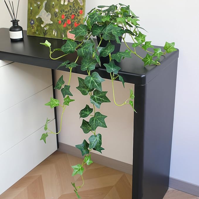 Fake English Ivy Plants in Pots Set of 2 – Realistic Artificial Ivy Greenery for Home Decor, Tabletop, Office, Shelf, Balcony or Bathroom – Lifelike Faux Hanging Vines, No Maintenance Required