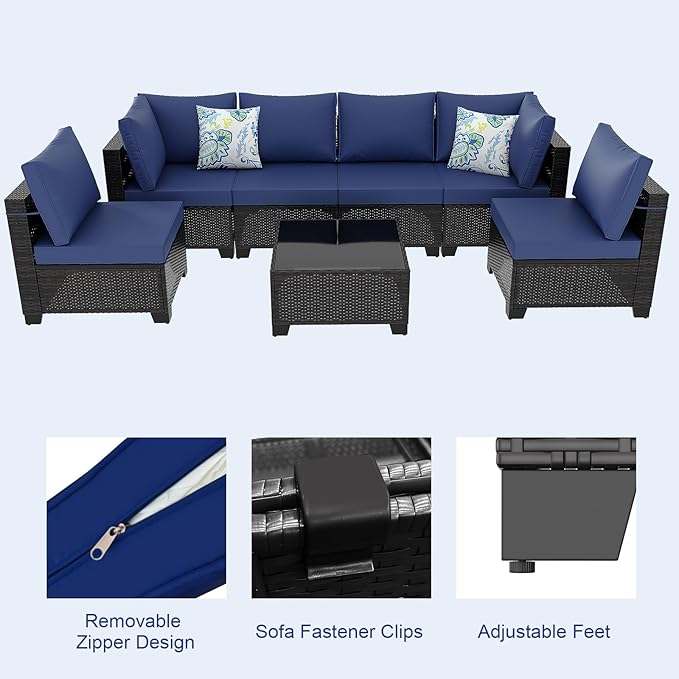 7 Pieces Outdoor Patio Furniture Set, Outdoor Wicker Sectional with Thick Cushions for Garden and Backyard (Brown/Deep Blue)