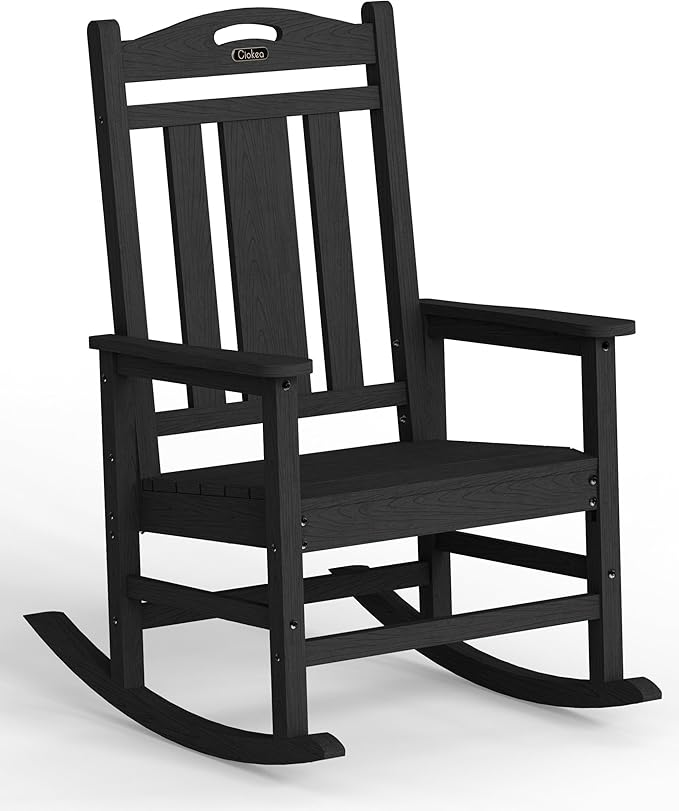 Ciokea Oversized Outdoor Rocking Chair, 380lbs Heavy-Duty Large Patio Rocker, Weather Resistant & Anti-Fade Porch Chair, High Back Cozy Rocking Chair for Outside, Fire Pit, Deck, Garden, Black
