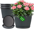 Planter-Pots-for-Plants-Indoor-Outdoor, 4 Pack 10 Inch Plastic Flower Pots with Saucer & Drainage Holes, Modern Garden Planters for Planting Medium Large Plants，Decorative Resin Garden Pots