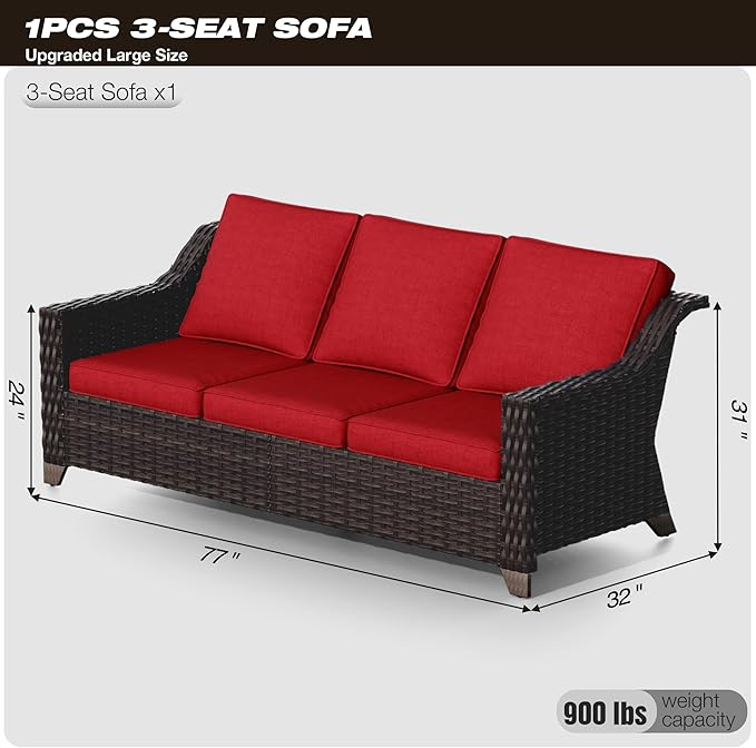 Joyside Patio Sofa - 3 Seater Rattan Sofa, All Weather High Back Sofa, Upgraded Large Size with 4inch Seat Cushions for Backyard, Garden, Poolside (Brown/Red)