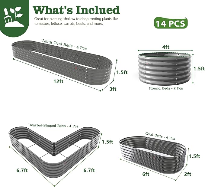 A ANLEOLIFE Set of 14 18 Inch Tall Raised Garden Beds Kit, Heart-Shaped, Long Oval & Round Metal Planters – Ideal for Creative Garden Layouts, Quartz Grey
