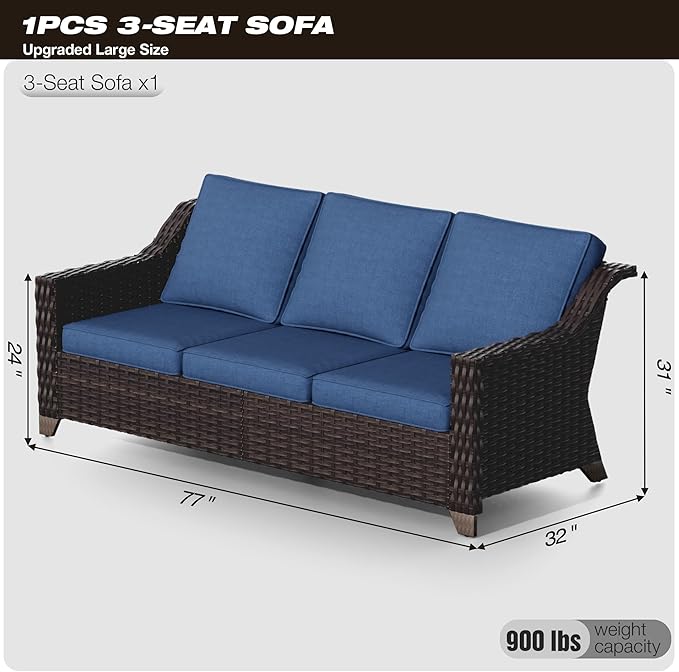 Joyside Patio Sofa - 3 Seater Rattan Sofa, All Weather High Back Sofa, Upgraded Large Size with 4inch Seat Cushions for Backyard, Garden, Poolside (Brown/Blue)
