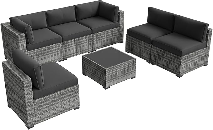 Aoxun Patio Furniture Sets, 7-Piece Outdoor Patio Furniture with Thick Cushions, Wicker Outdoor Conversation Set Sectional Sofa for Backyard, Poolside, Garden (Black-Grey, 7 x 25.6 - Seats)