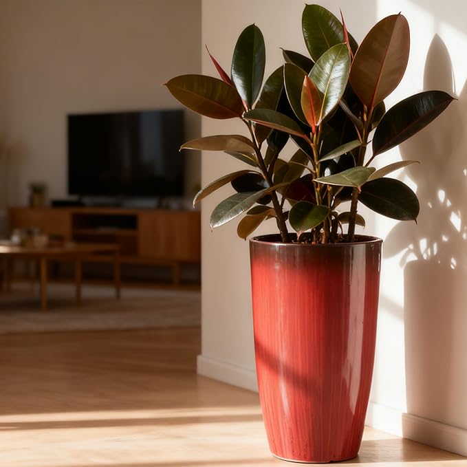 Worth Garden 23.5" H. Large Plastic Planters - Set of 2 Gradient Red Glossy Smooth Finish - Tall Plant Pots for Indoor & Outdoor Use - Decorative Lightweight Flower Pots for Front Porch, Patio, Deck