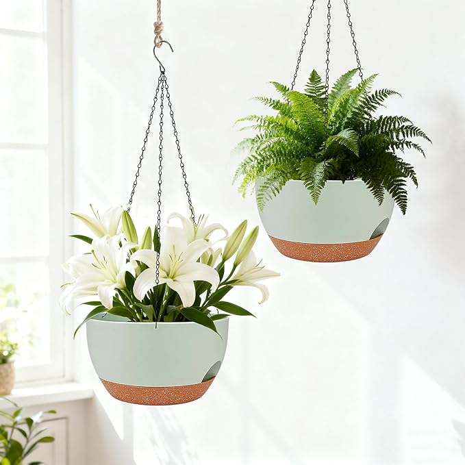 Set of 2-8 Inch Self Watering Hanging Planters for Indoor Outdoor，Hanging Plant Pots with Drainage & Removable Tray, Hanging Pots Holder for Ivy, Pothos, Ferns, Balcony & Patio, Green Brown
