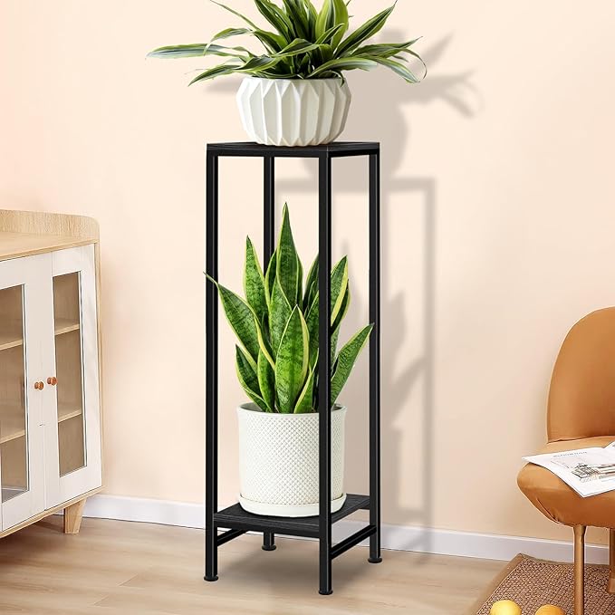 Plant Stand Indoor, 41'' Tall Plant stands for Indoor Outdoor Plants, 2 Tier Heavy Duty Metal Pedestal Stand Modern Display Rack for Living Room, Black