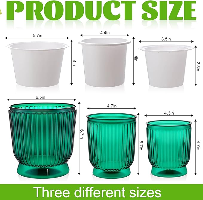 Set of 6 Self Watering Plant Pot 3 Sizes Plastic Double Layer Self Watering Flower Pot with Multi Mesh Drainage Holes Wicking Reservoir for Indoor Outdoor Garden Plants(Green)