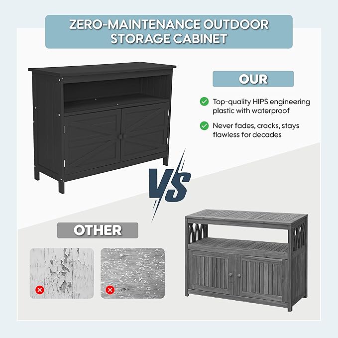 HIPS All-Weather Outdoor Storage Cabinet,Outdoor Sideboard with Magnetic Doors,3-Shelves Patio Storage Cabinet, Used for Garden,Buffet Cabinet,TV Stand, Bar Table,Balcony