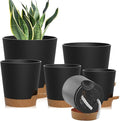 Self Watering Pots, 7/6.5/6/5.5/5/4 inch Flower Pots with Multi Mesh Drainage Holes, Small Platic Planters for Indoor Outdoor Garden Plants and Flowers (Black with Brown Tray, 7"+6.5"+6"+5.5"+5"+4")