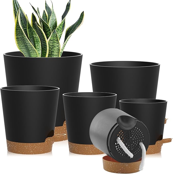 Self Watering Pots, 7/6.5/6/5.5/5/4 inch Flower Pots with Multi Mesh Drainage Holes, Small Platic Planters for Indoor Outdoor Garden Plants and Flowers (Black with Brown Tray, 7"+6.5"+6"+5.5"+5"+4")
