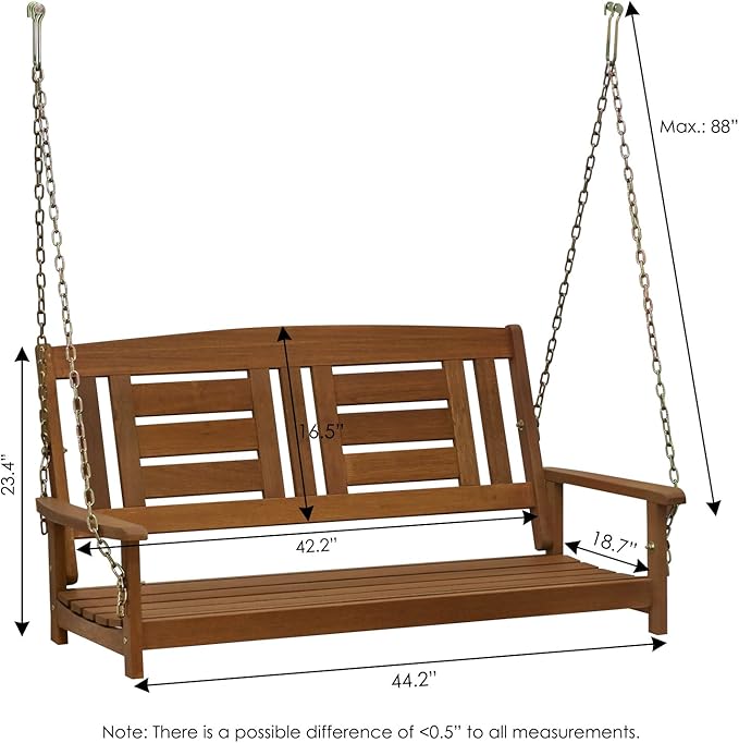 Furinno Tioman Hardwood Patio / Garden / Outdoor 4ft Porch Swing, 2 Seater with Hanging Chains, Natural