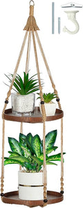 2 Tier Macrame Plant Hanger | Plant Hanger Indoor, Hanging Planter | Hanging Planter Shelf (Jute) (Large, 12" Shelf)