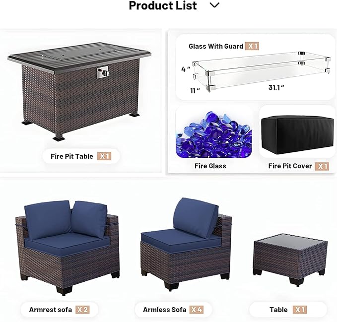Kullavik 8 Pieces Outdoor Patio Furniture Set with 43" 55000BTU Gas Propane Fire Pit Table PE Wicker Rattan Sectional Sofa Patio Conversation Sets,Navy Blue