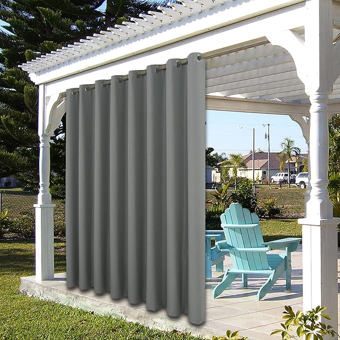 BONZER Outdoor Waterproof Curtains for Patio Wide Grommet Light Filtering Outside Curtains for Gazebo, Porch, Pergola, Pavilion, 1 Panel, 110W x 95L inch, Grey