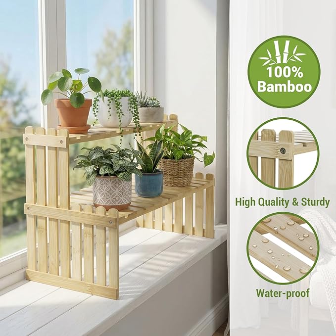 MyGift Natural Bamboo Indoor Plant Stand for Desk, 2 Tier Desktop Shelf Organizer Rack with 2 Slatted Shelves
