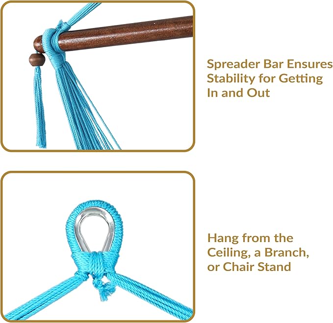 Sunnydaze Outdoor Hammock Chair Swing - Hanging Hammock Swing - Hanging Reading Chair - Soft-Spun Polyester Rope - Caribbean XL - Sky Blue