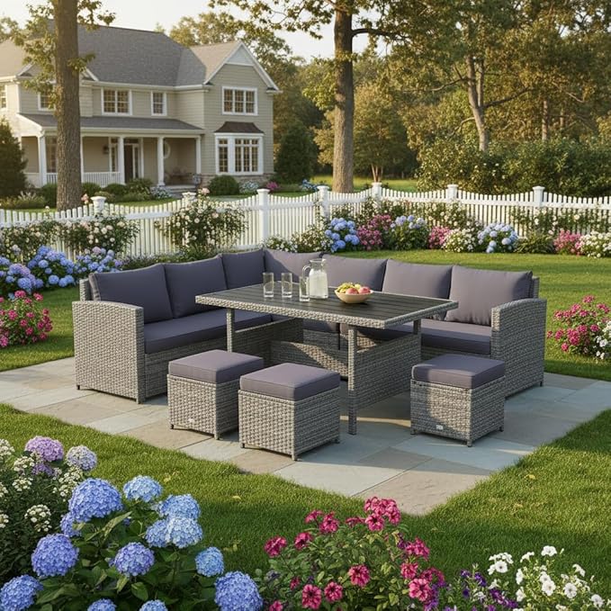 Tangkula 7 Pieces Patio Furniture Set, Outdoor Sectional Rattan Dining Sofa Set with Cushions, All Weather Wicker Conversation Couch Set with Dining Table & Ottomans for Yard Garden Poolside, Grey