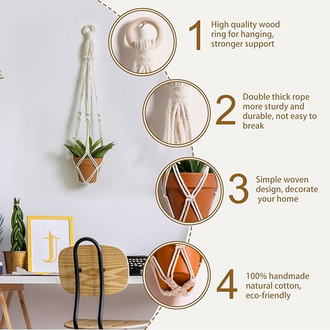 Artilady Plant Hanger Indoor Macrame Hanging Planters for Plants Holder Boho White Basket No Tassels Farmhouse Rustic Window Wall Decor (White Planter-1pcs)