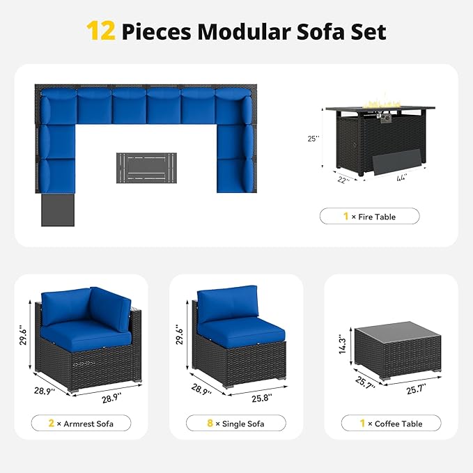 Aoxun Patio Furniture Set with Fire Pit Table, 12 Piece Outdoor Sectional Sofas, 10 Seats Wicker Rattan Outdoor Furniture with Thickened Cushion for Backyard, Garden Navy Blue