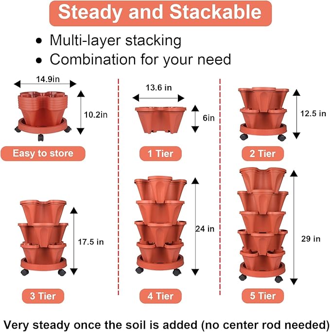 GameXcel Vertical Planter 5 Tier Stackable Planters Garden Planters Strawberry Herb Flower and Vegetable Planter Indoor Outdoor Gardening Pots with Removable Wheels and Tools - Red