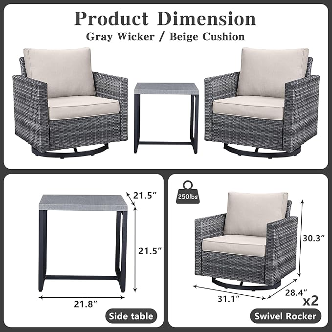 Belord Outdoor Bistro Set 3 Piece Wicker Swivel Rocker Patio Chairs, Oversize Outdoor Rattan Seating Set, Patio Swivel Glider Chairs Wicker Furniture with Metal Side Table for Porch Outside Backyard