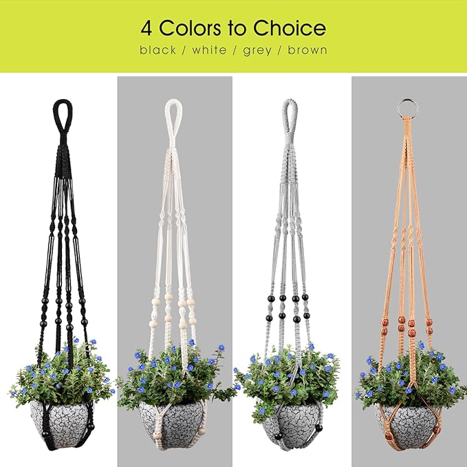 RIFNY Macrame Plant Hanger for 5 to 10 Inch Plant Pots, 35 Inch Indoor Handmade Woven Rope Hanger Kits with Hooks and Wood Beads, Hanging Planter Basket Holder for Boho Home Decor (White, 3 Pack)