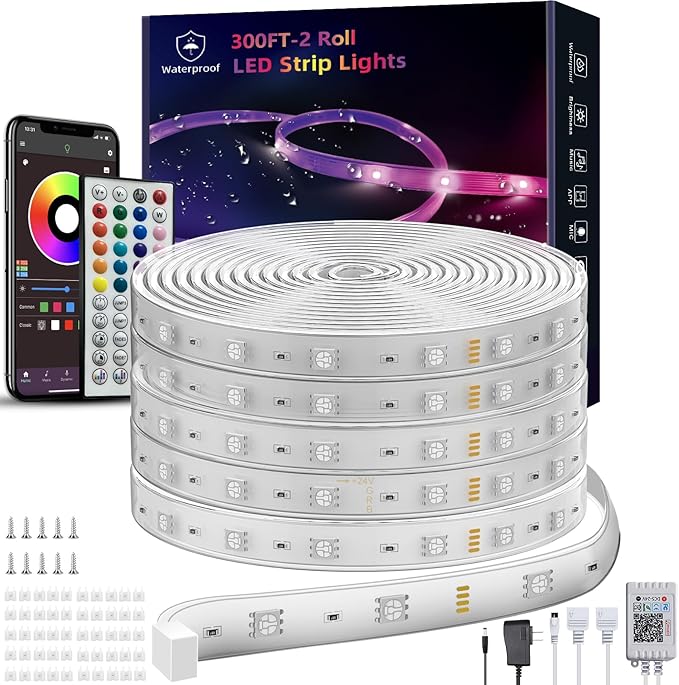 300ft Outdoor Led Strip Lights Waterproof, Ip68 Outside Led Light Strip Waterproof with Remote and App Control, Exterior Led Rope Lights Music Syne RGB Strip Lights for House Decor (2*150ft)
