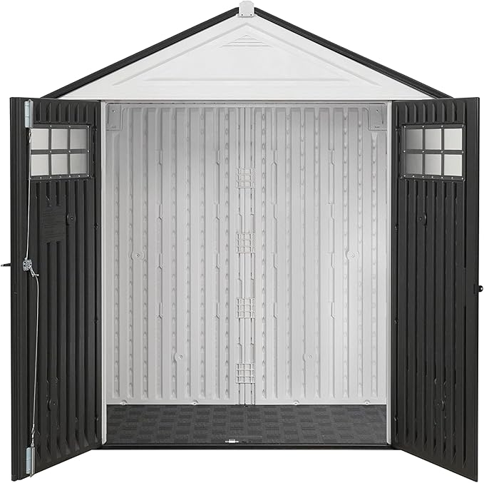 Rubbermaid Resin Outdoor Storage Shed With Floor (7 x 3.5 Ft) Weather Resistant, White, Organization for Home/Backyard/Garden Tools/Lawn Mower/Bike Storage/Pool Supplies