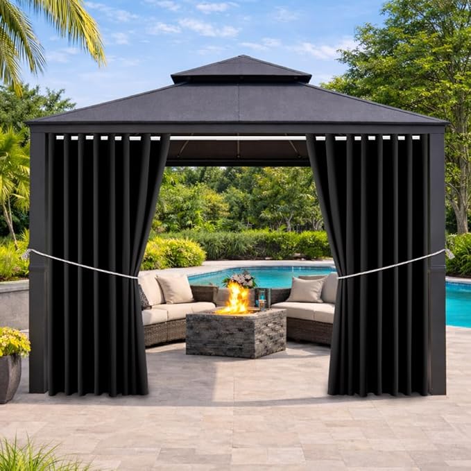 Waterproof Outdoor Curtain W105 x L84 - Grommet Top Sunlight Blocking Window Treatment Drapes Blackout Curtains for Home Bedroom Living Room Outdoor Patio Porch Pergola Cabana Gazebo (Black, 2 Panels)