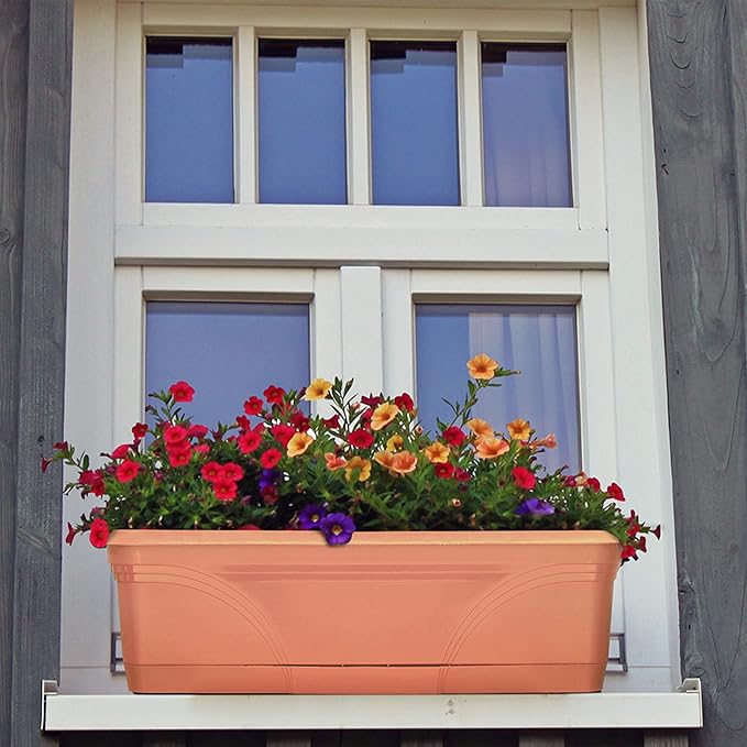 Southern Patio 36 Inch Rectangular Plastic Medallion Hanging Windowsill and Garden Box Planters with Drainage Holes, Terracotta (2 Pack)