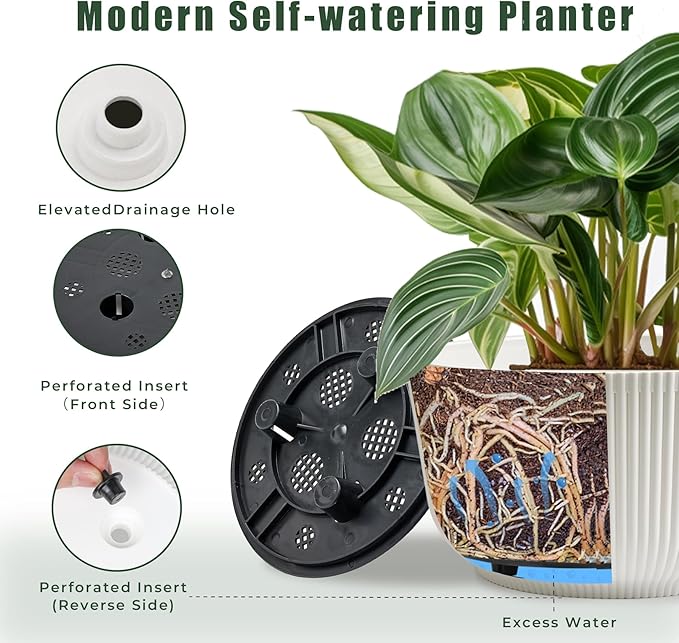 T4U 8 Inch Self Watering Pots for Indoor Plants, 2 Pack Plant Pots, Durable Plastic Self Watering Planter for Indoor Plants (2 Pack, 8", White)