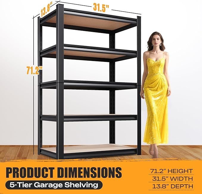 Set of 2 Garage Shelving Heavy Duty Storage Shelves, Metal Adjustable Shelving Unit, Utility Garage Organizer Shelf for Basement, Pantry, Kitchen, Warehouse, 13.8''Dx31.5''Wx71.2''H, Black